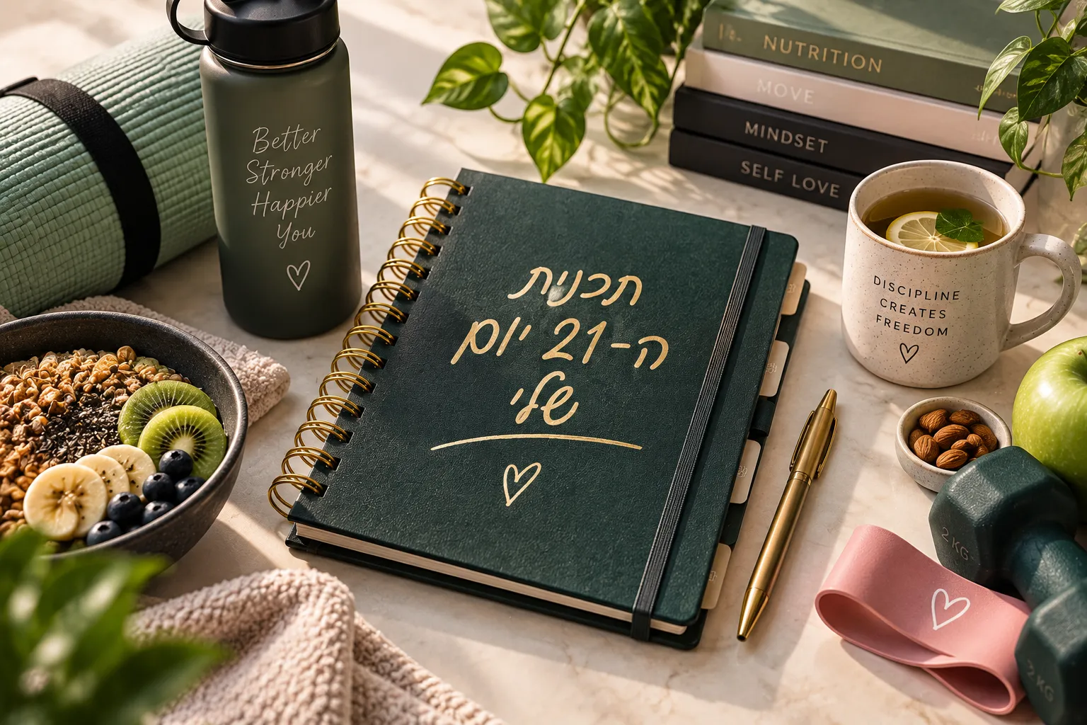 המחשת אווירה של מחברת התכנית בגווני ירוק וזהב, לא צילום החוברת הדיגיטלית