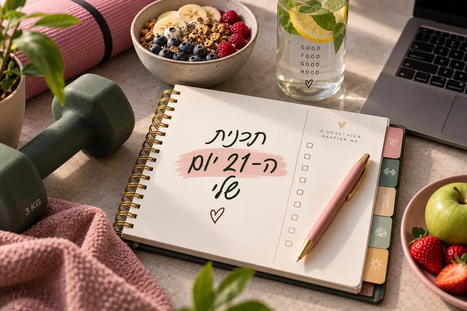 המחשת אווירה: מחברת תכנון יומית לצד ארוחת בוקר וציוד אימון
